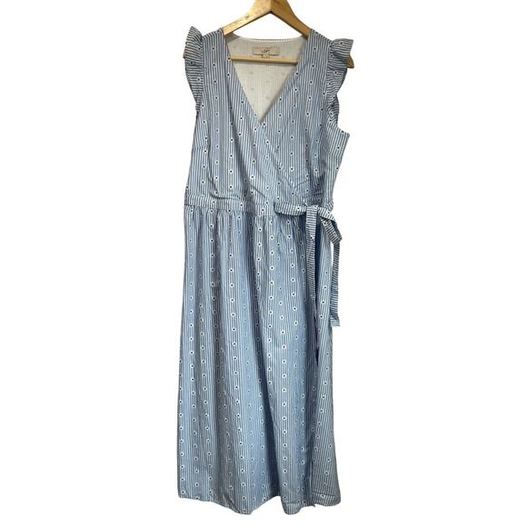 LOFT Wrap Midi Dress L Blue Eyelet 100% Cotton Ruffle Sleeves Summer Sundress - Picture 2 of 9